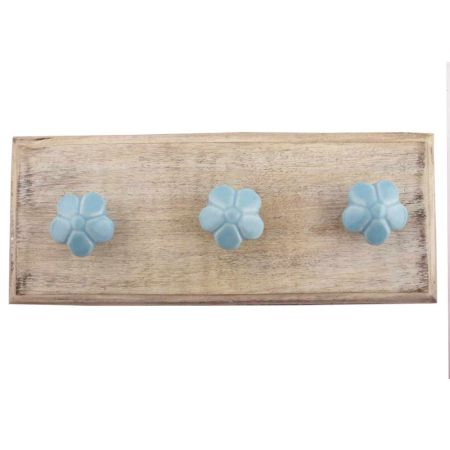 Turquoise Flower Ceramic Wooden Hooks 